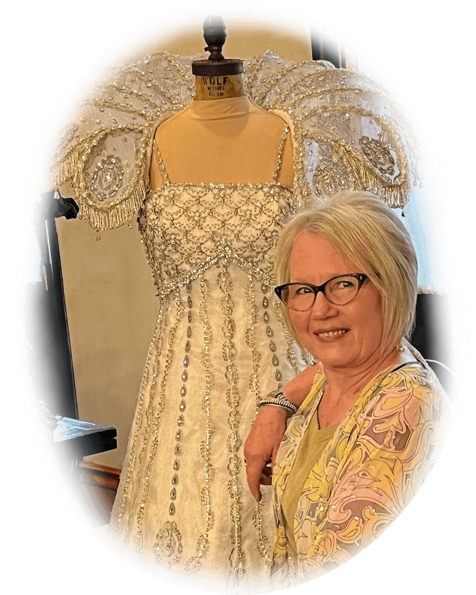 Deborah Lynn Dixon, Queen's gown, silver & gold emBELLAtex® embossed surface patterns